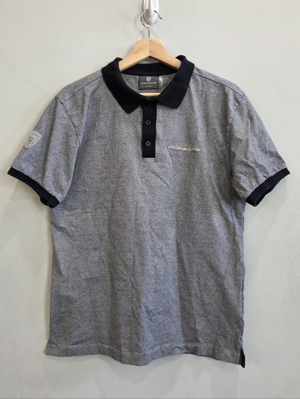 Porsche Heritage Checkered Golf Polo Shirt Gray Black Houndstooth Men's Small